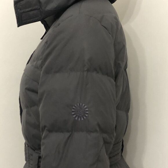 UGG Lambskin 80/20 Duck Down Belted Hooded Mid Length Puffer Coat Woman Size M - Picture 3 of 16